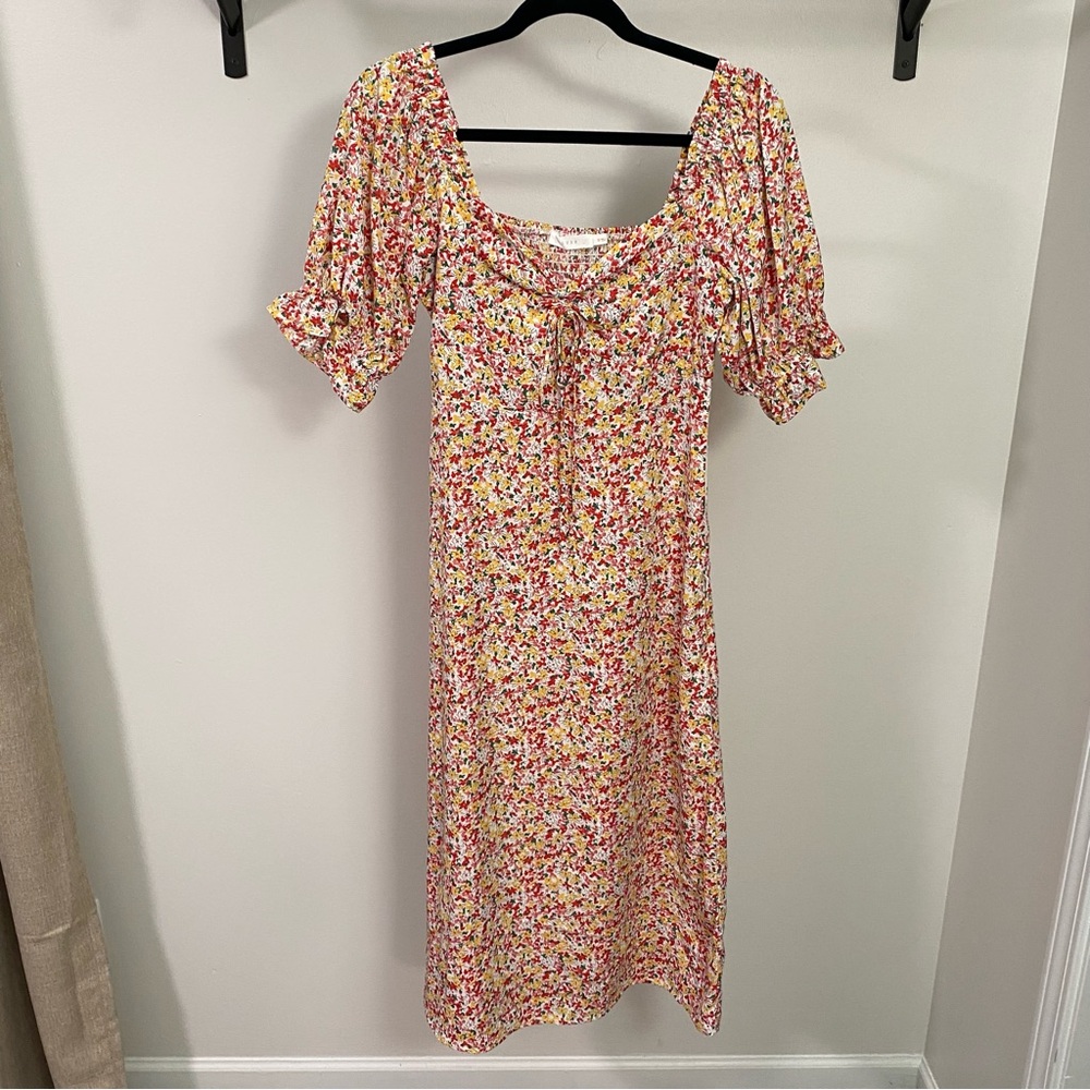 Pink, Red, and Yellow Sweetheart Neckline Midi Sundress